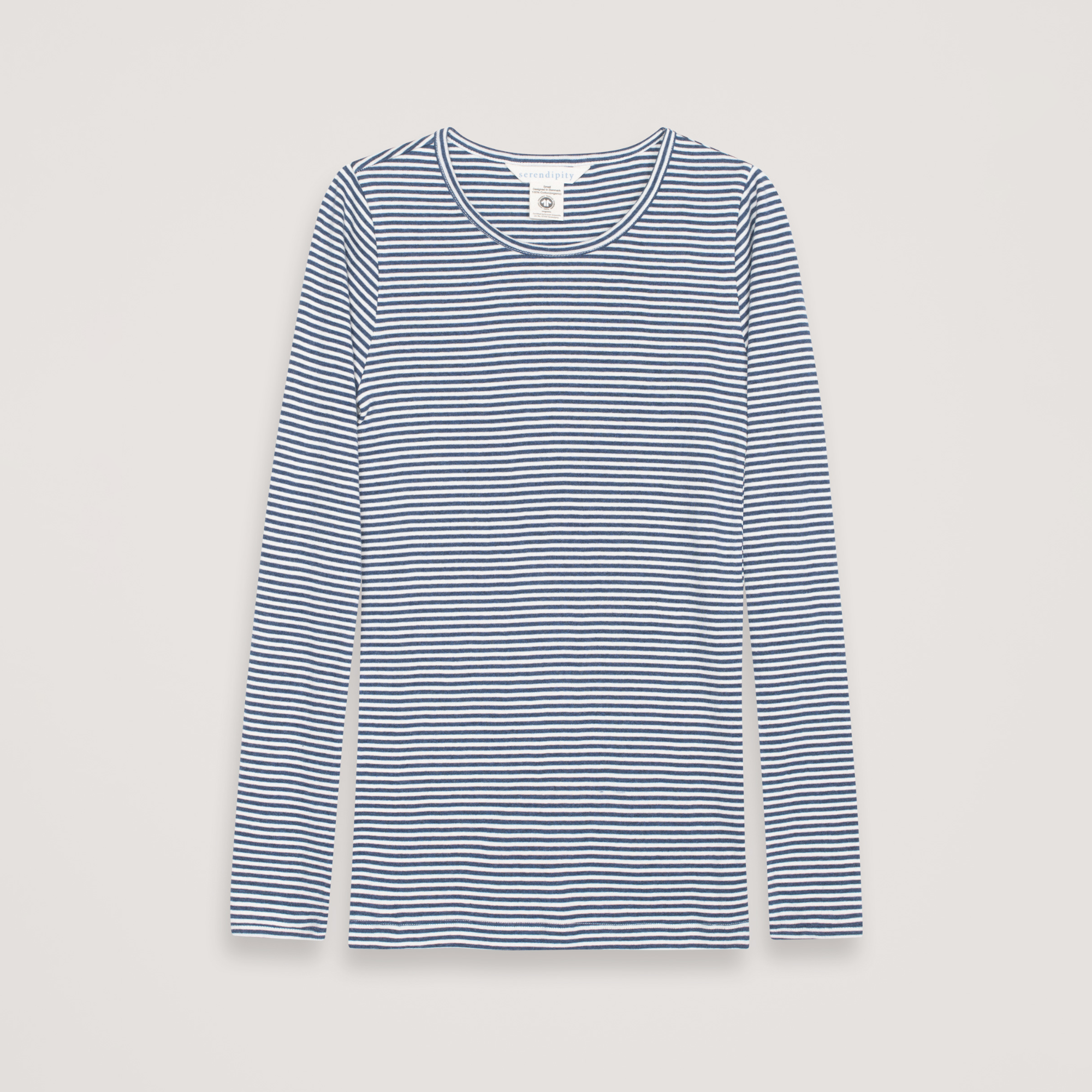 Blue and white striped long-sleeve shirt on a light gray background