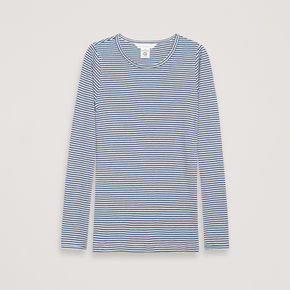 Blue and white striped long-sleeve shirt on a light gray background