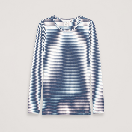 Blue and white striped long-sleeve shirt on a light gray background