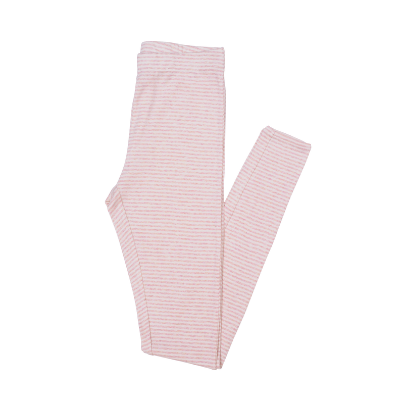 Light pink and white striped leggings folded flat on a white background.