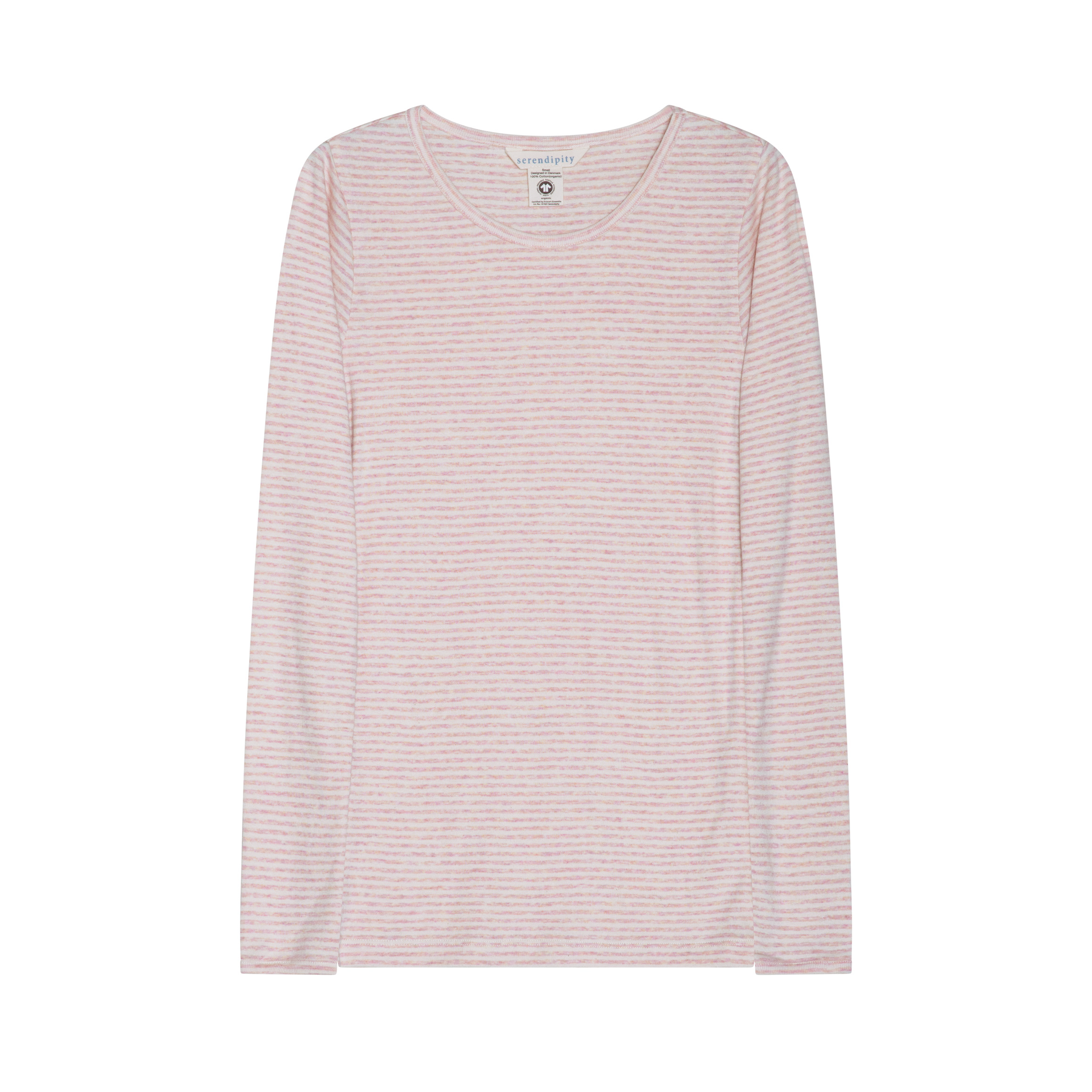 A long-sleeve scoop-neck top with fine horizontal stripes in light pink and white, shown flat against a solid white background.