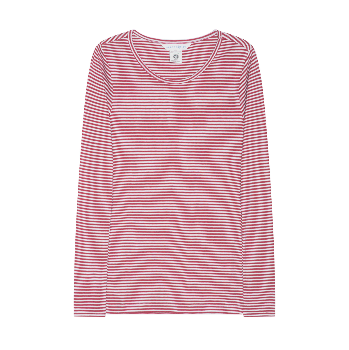 A long-sleeve scoop-neck top with horizontal red and white stripes, displayed flat against a solid white background.