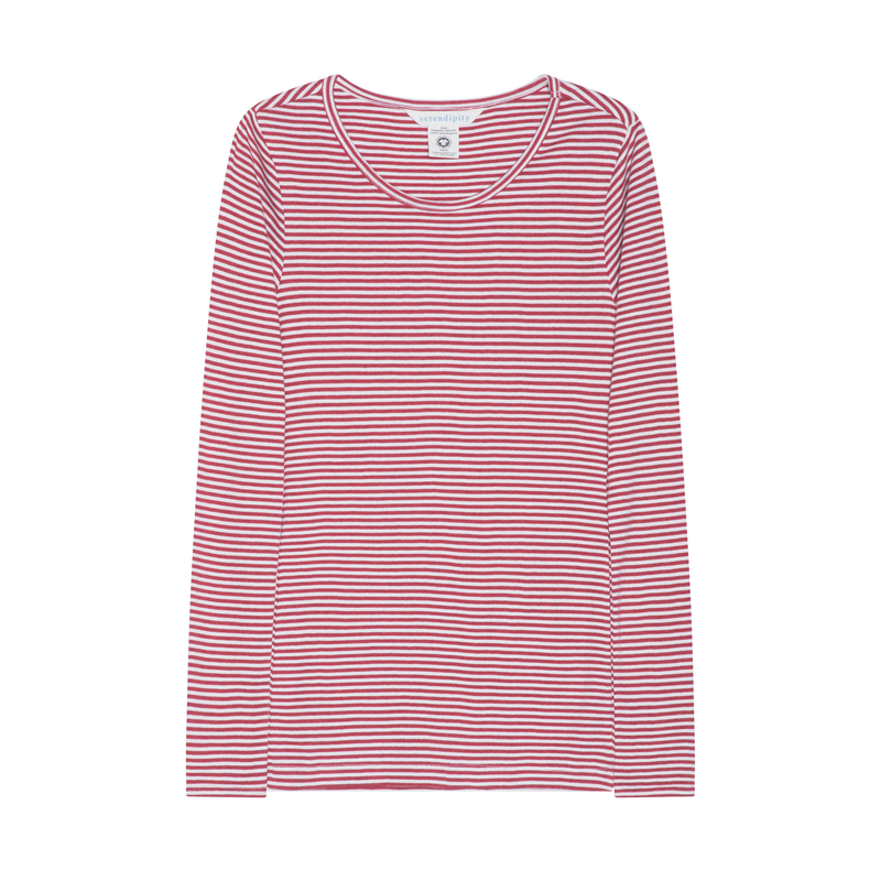A long-sleeve scoop-neck top with horizontal red and white stripes, displayed flat against a solid white background.