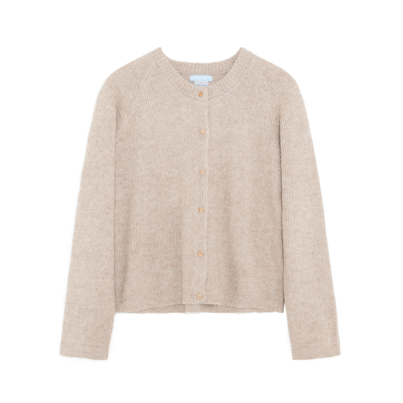 A light beige knit cardigan sweater with a crew neck and button-up front, displayed flat against a solid white background.