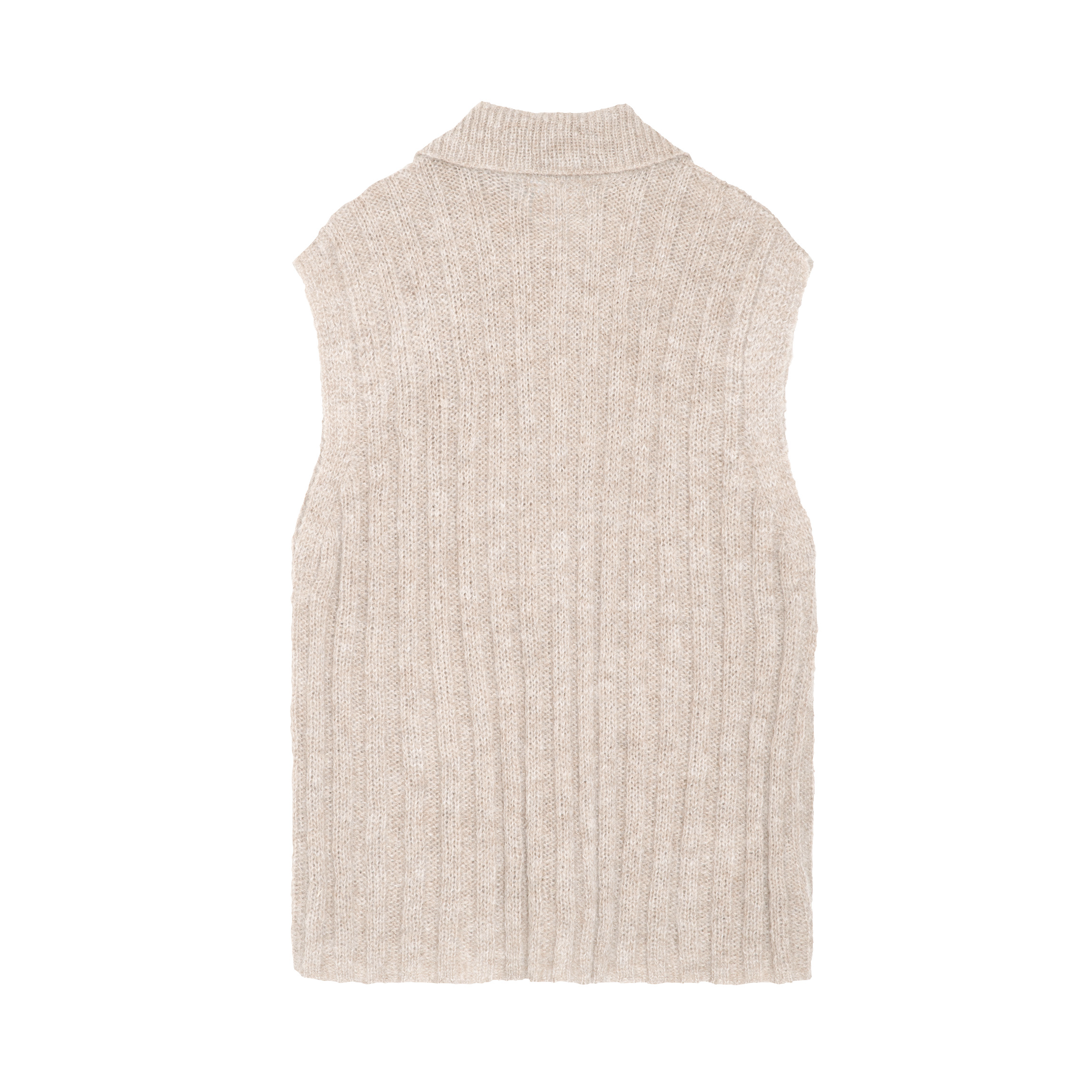 A sleeveless ribbed knit collared neck vest in a light oatmeal beige color, shown flat against a solid white background.