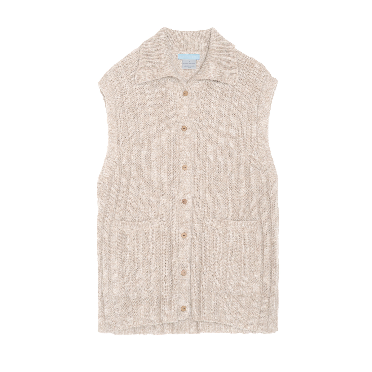 A sleeveless, ribbed knit vest in a light oatmeal beige color, featuring a pointed collar, a button-up front, and two front patch pockets, shown flat against a white background.