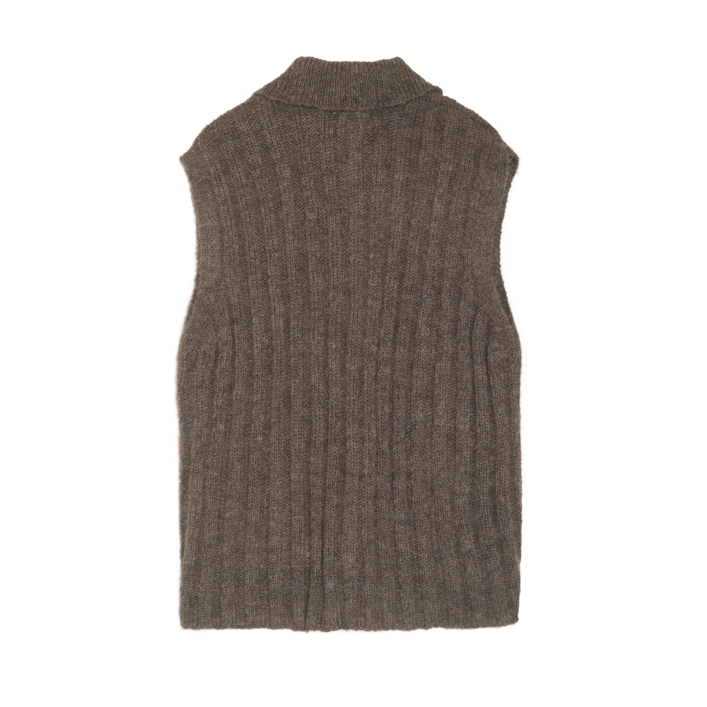 A sleeveless ribbed knit collared neck vest in a heathered brown color, shown flat against a solid white background.