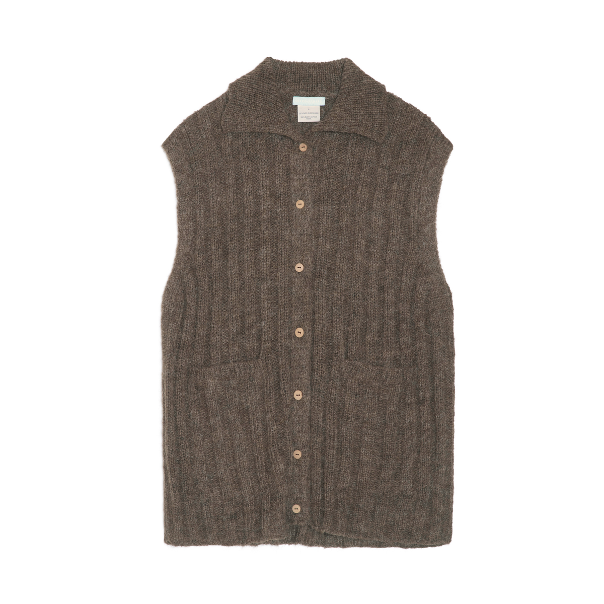 A sleeveless brown ribbed knit vest with a pointed collar and a button-down front, shown flat against a white background.