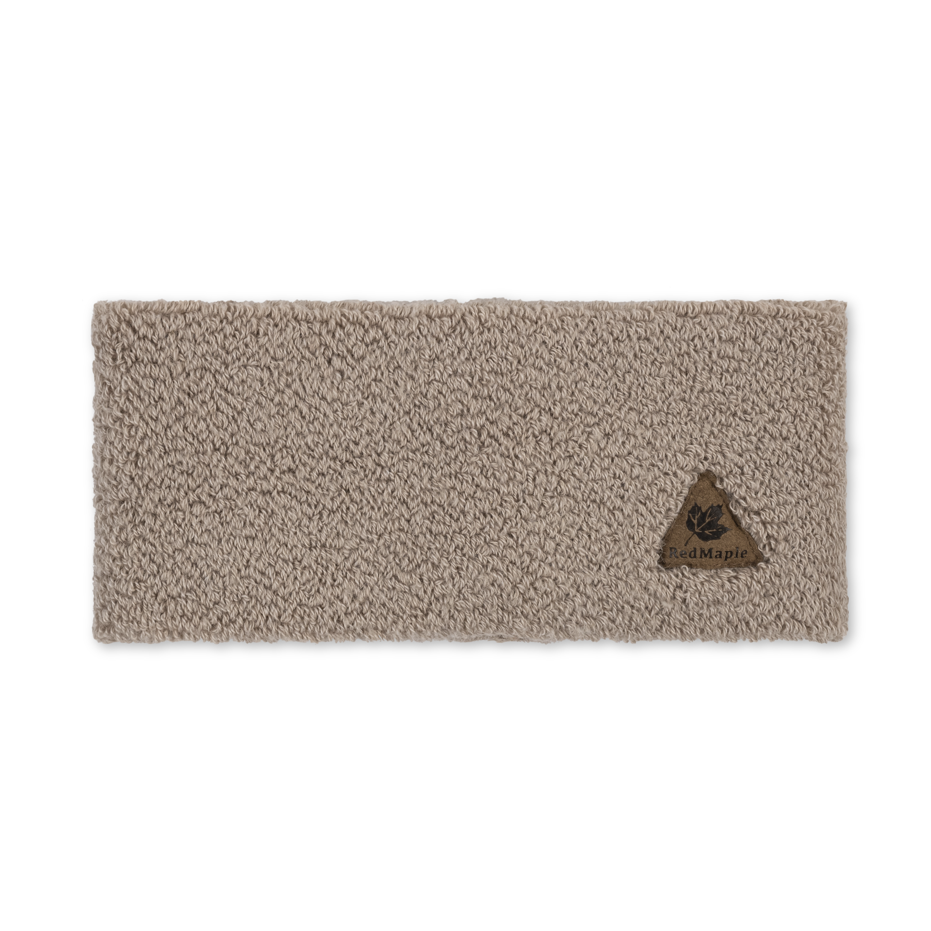 Beige headband with a brand logo on a white background