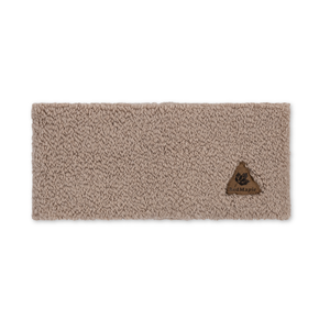 Beige headband with a brand logo on a white background