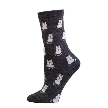 Dark gray sock with snowman pattern on a white background