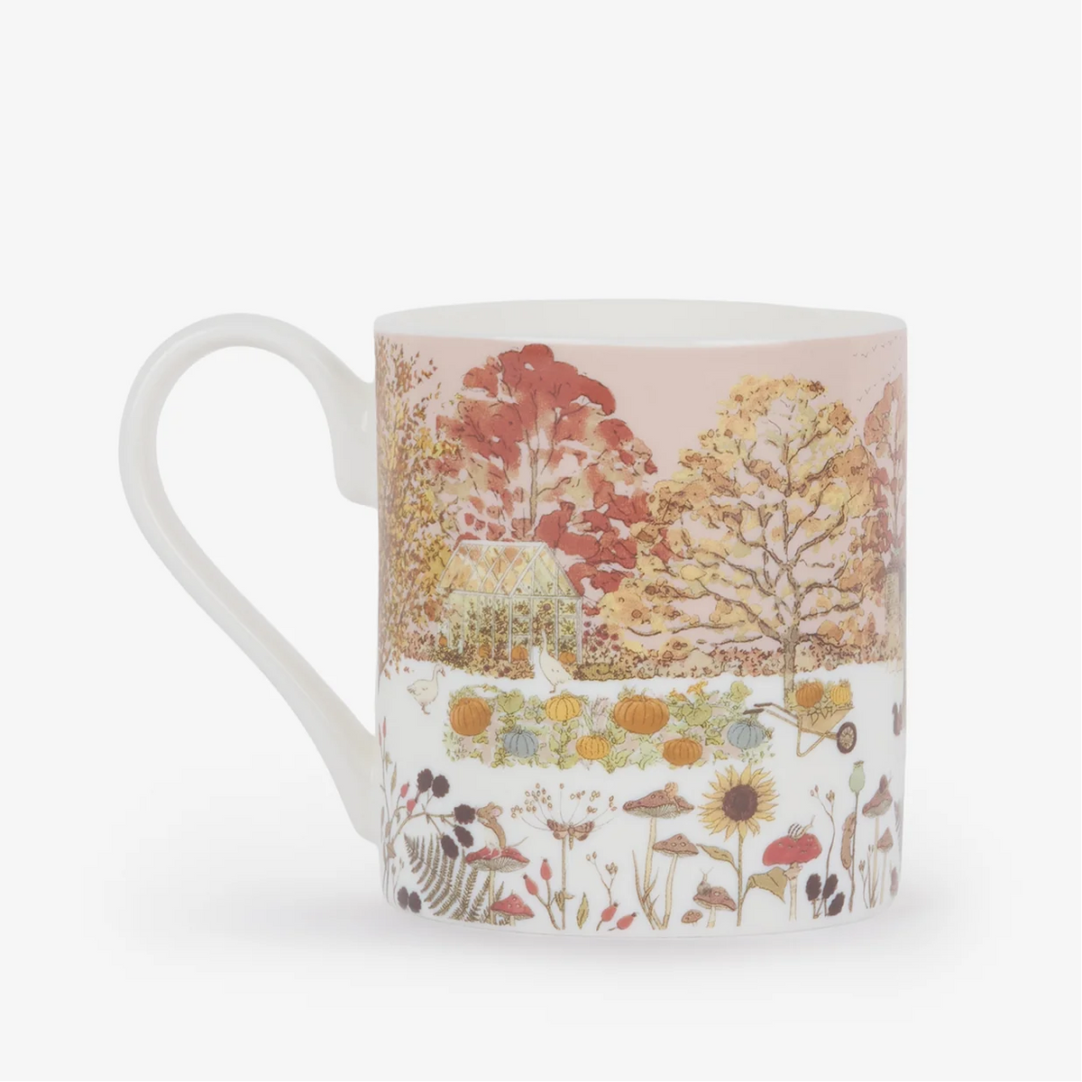A white china mug featuring an autumnal design: the upper half shows an autumn landscape with red and yellow trees, and the lower half displays a colorful wildflower pattern on a white background.