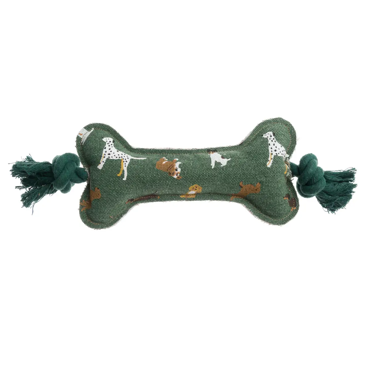 Green dog toy shaped like a bone with tassels on a white background