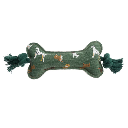 Green dog toy shaped like a bone with tassels on a white background