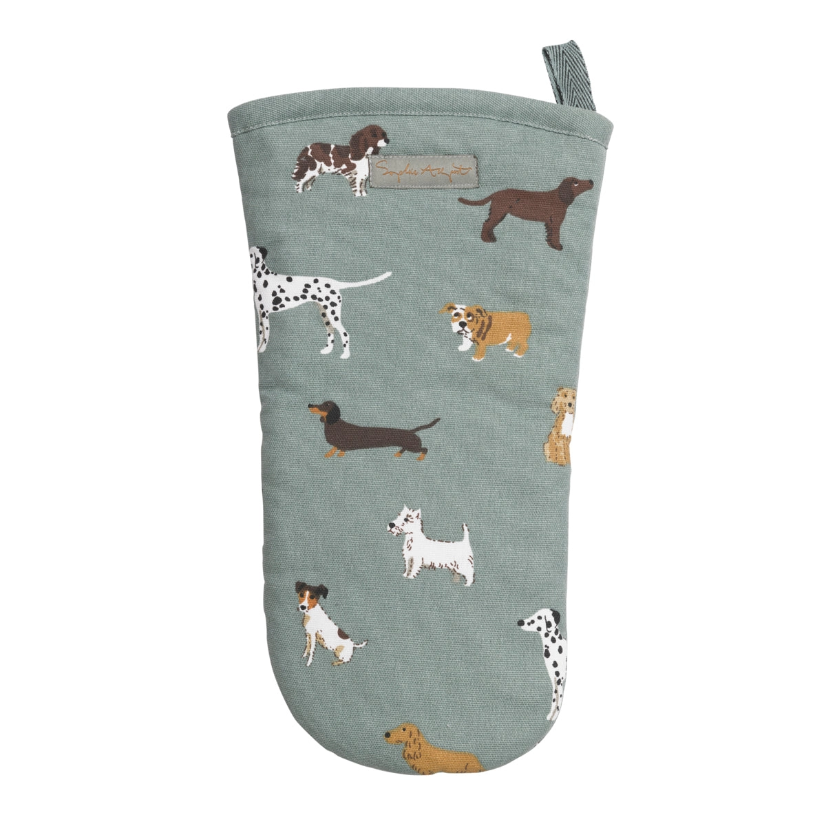 Sage blue oven mitt with a dog pattern