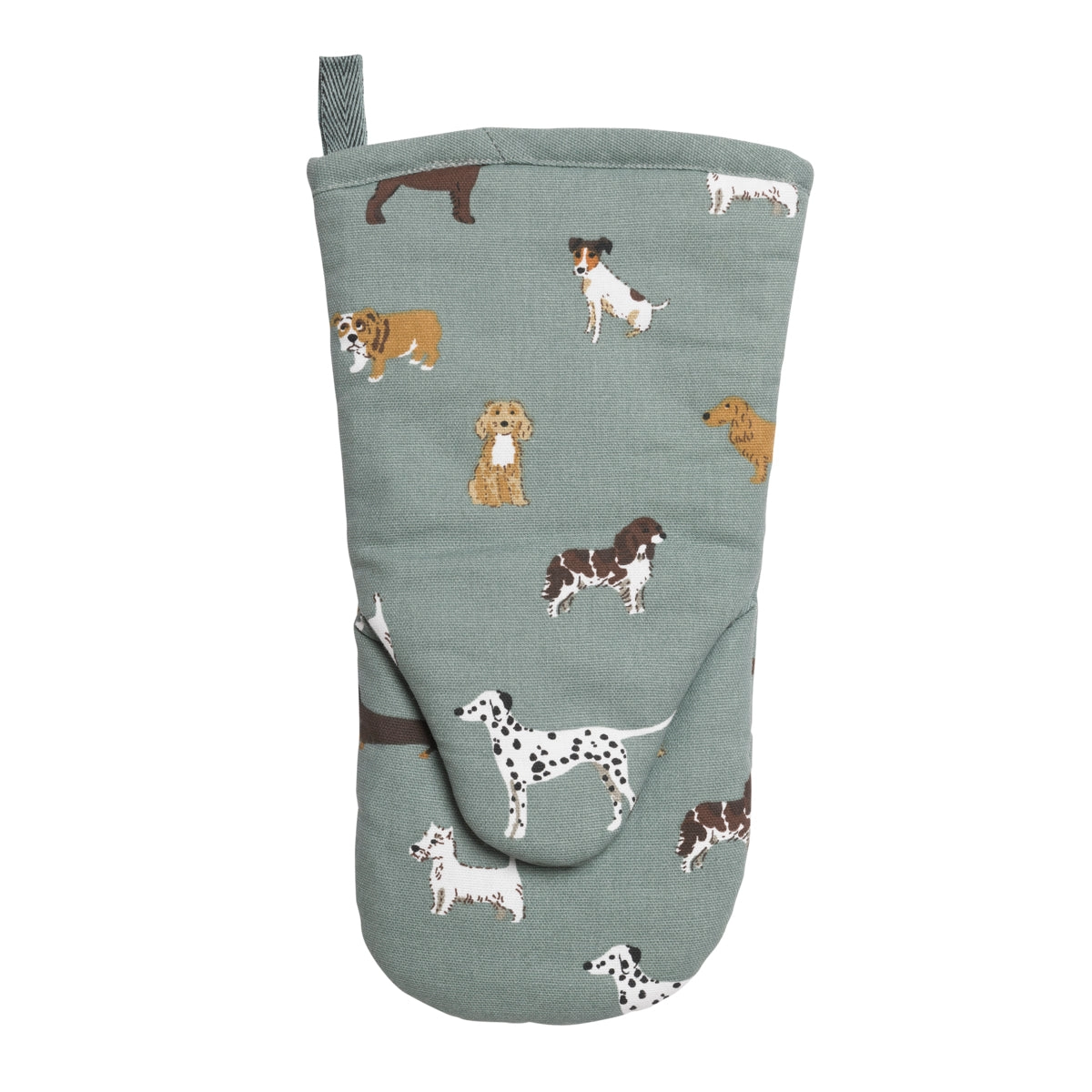 Sage blue oven mitt with a dog pattern