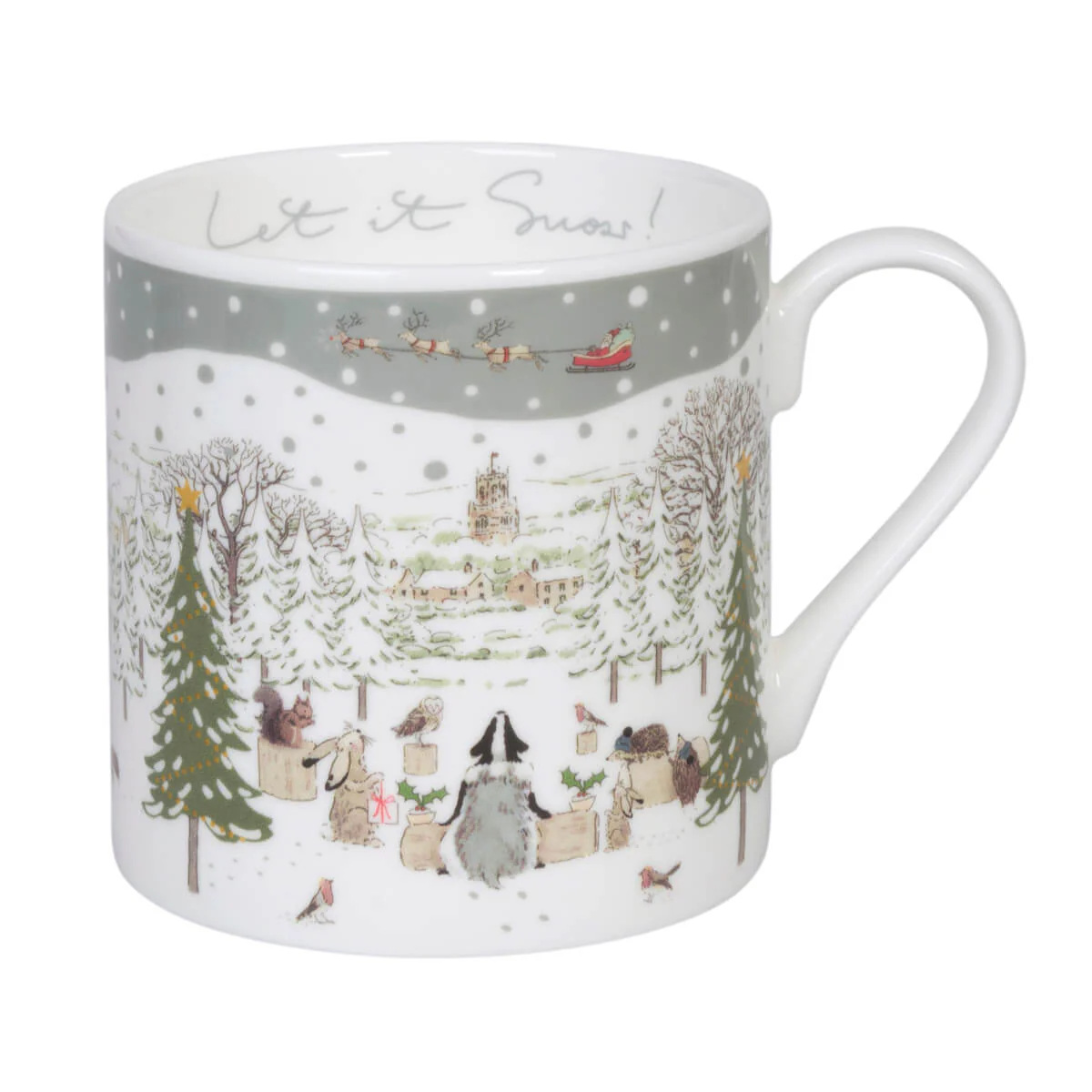A white china mug featuring a winter Christmas scene with penguins, snow-covered trees, a sleigh, and the text 'Let it Snow!' printed on the inside.