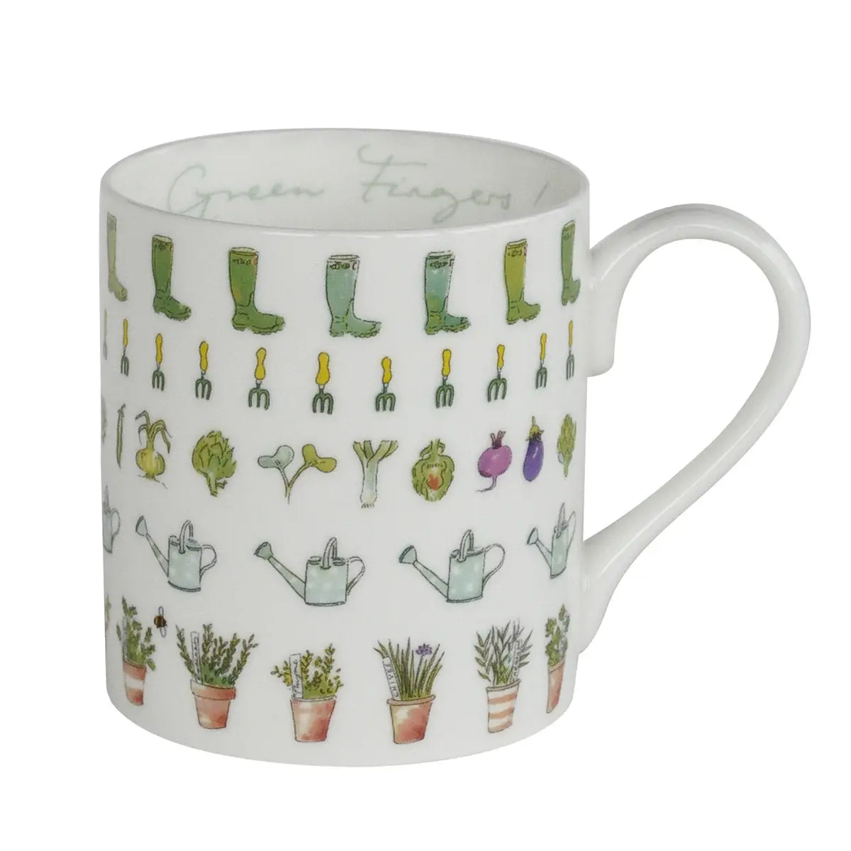 White mug with gardening-themed illustrations on a white background