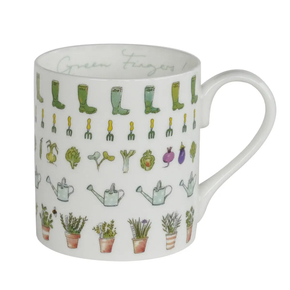 White mug with gardening-themed illustrations on a white background