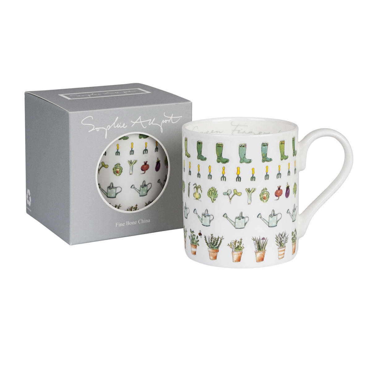 Mug with gardening-themed design in a Sophie Allport box on a white background