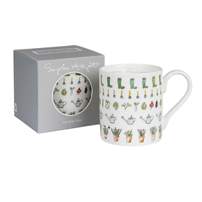 Mug with gardening-themed design in a Sophie Allport box on a white background