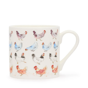 White mug with colorful chicken pattern on a white background