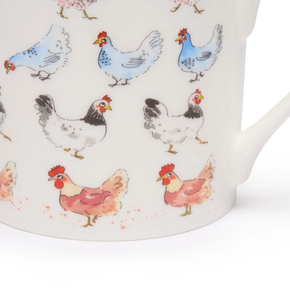 Mug with colorful chicken illustrations on a white background