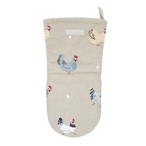 Beige oven mitt with chicken pattern on a white background