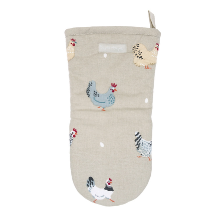 Beige oven mitt with chicken pattern on a white background