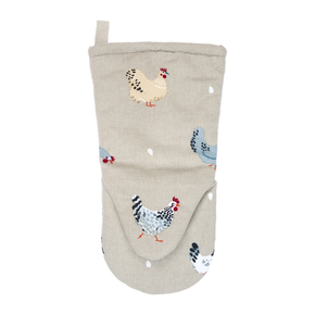 Oven mitt with chicken design on a beige background