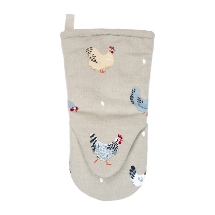 Oven mitt with chicken design on a beige background