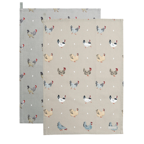 Two kitchen towels with chicken pattern on a white background