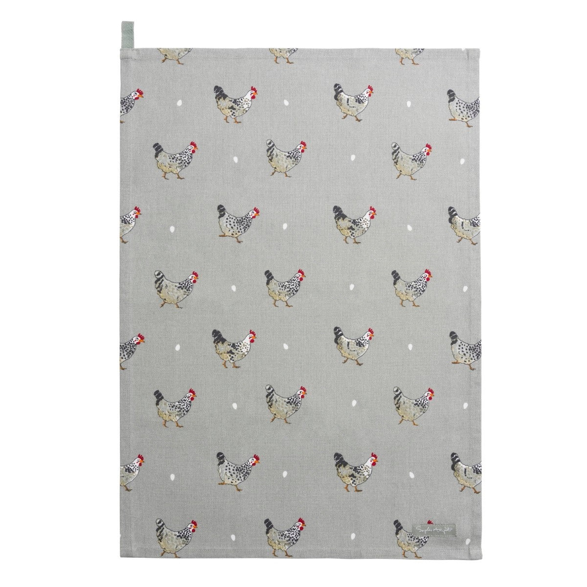 Tea towel with chicken pattern on a gray background