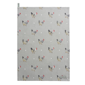 Tea towel with chicken pattern on a gray background