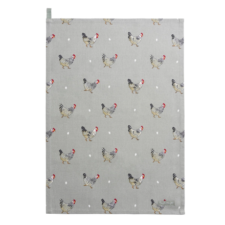 Tea towel with chicken pattern on a gray background