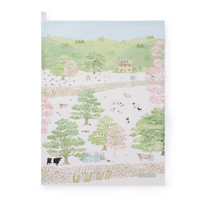 Illustrated landscape with animals and trees on a white background