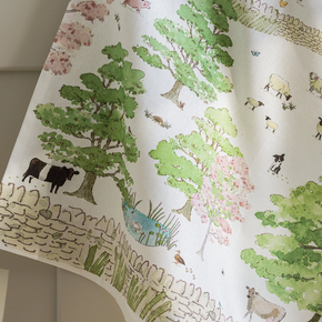 Fabric with pastoral scene design featuring trees, animals, and a fence.