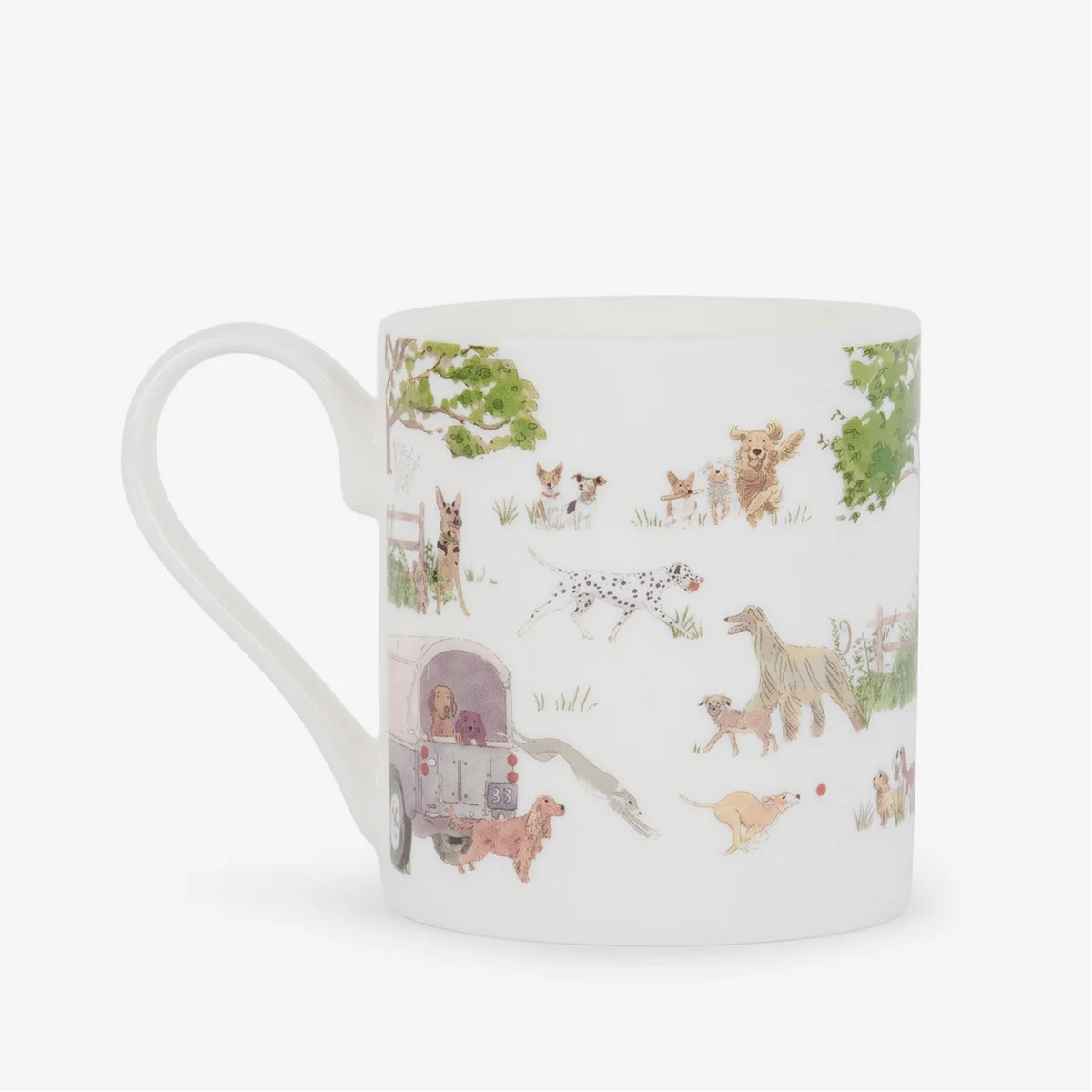 A white china mug featuring a whimsical, all-over illustration of various dogs in different poses and settings, shown against a plain white background.