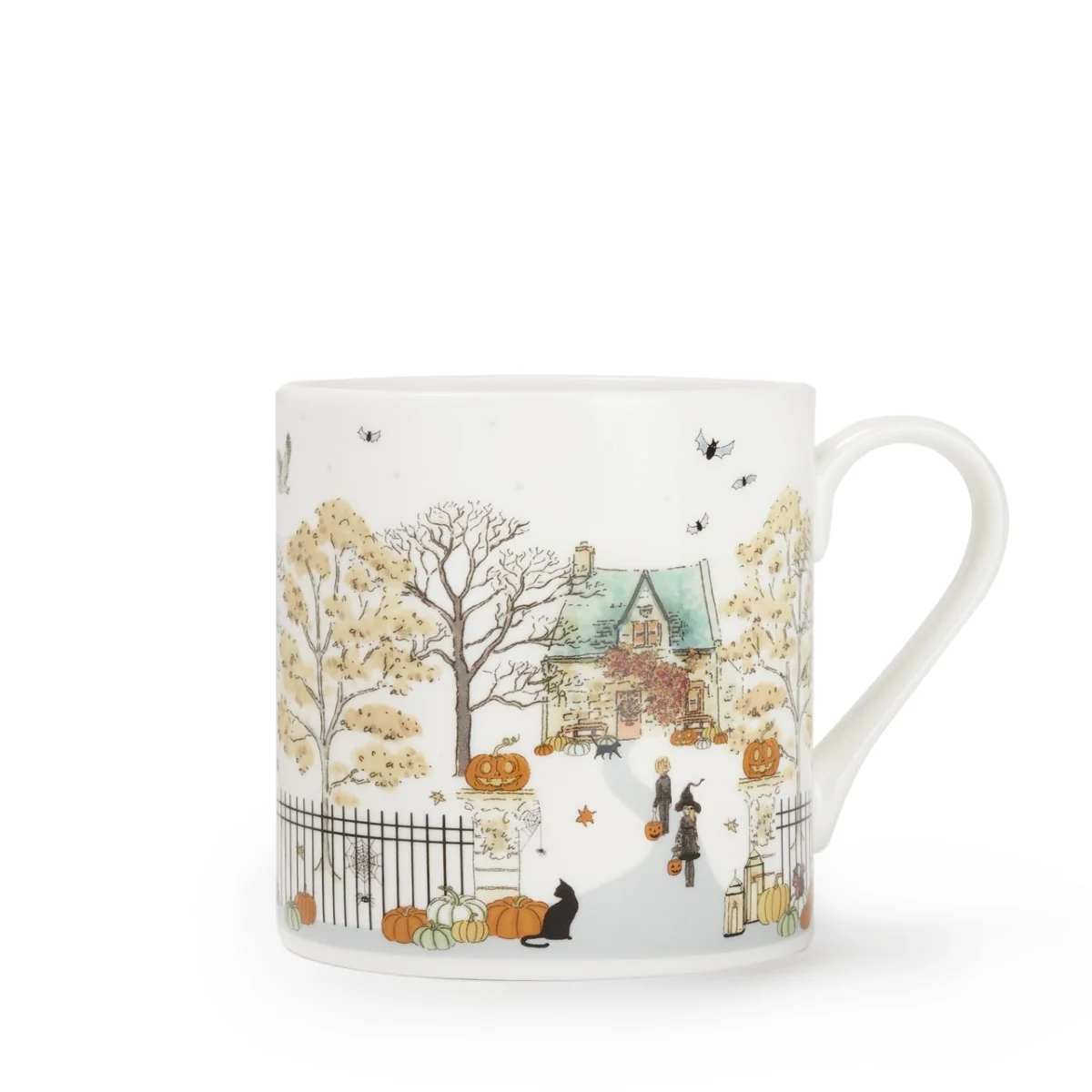 White china mug with a Halloween themed scene.