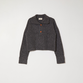 Atelier Delphine Stand Collar Jumper - charcoal grey sweater with folded collar, cuffed sleeves, and button closure on a neutral background