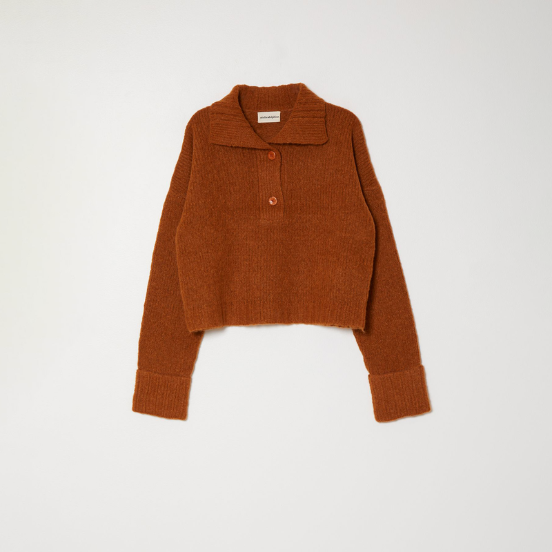 Atelier Delphine Stand Collar Jumper - rust colored sweater with folded collar, cuffed sleeves, and button closure on a neutral background