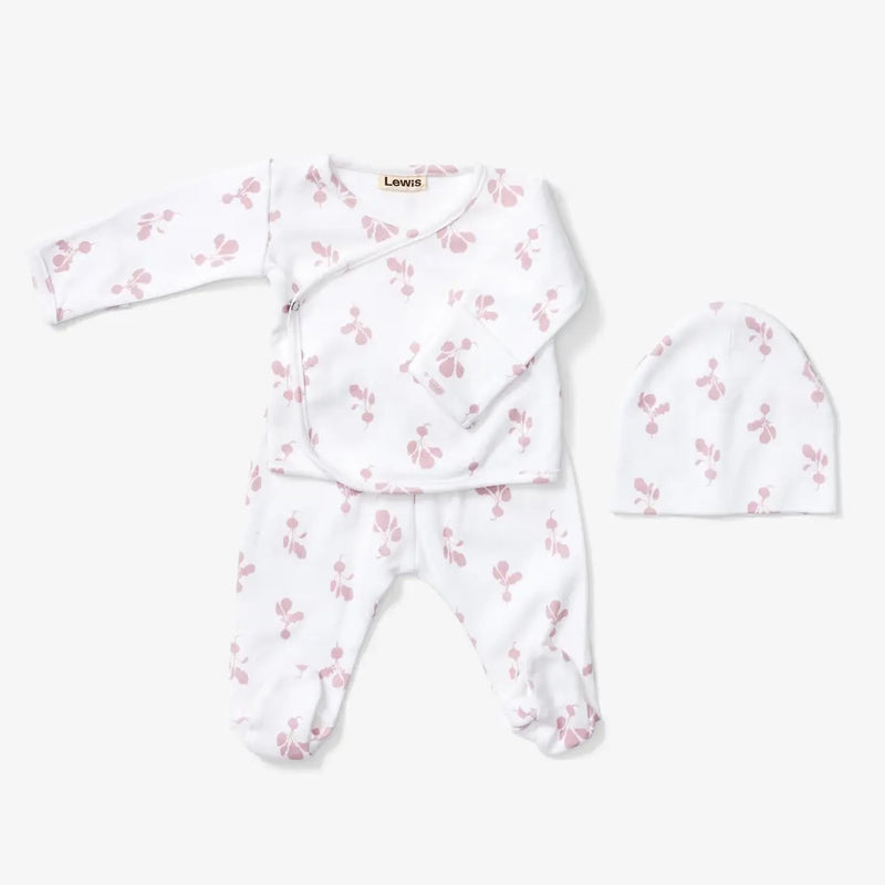 Take Me Home Outfit - white kimono style top, footie pants, and hat with mauve radish pattern on a neutral background