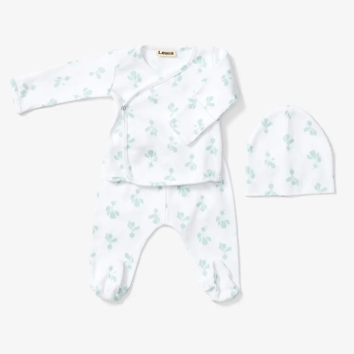 Take Me Home Outfit - white kimono style top, footie pants, and hat with pale green radish pattern on a neutral background