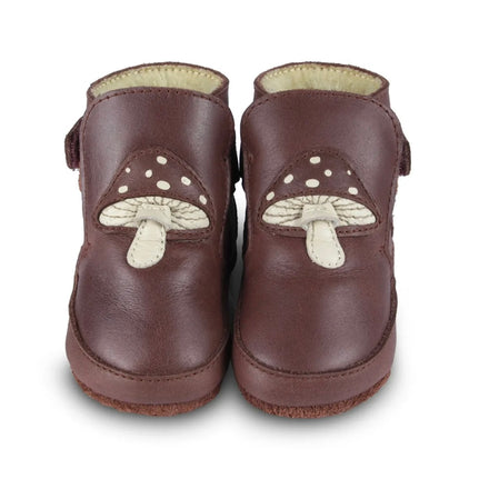 Donsje Toadstool Mush Lining Boots - dark red leather boots with mushroom detail, velcro strap, and faux fur lining on neutral background