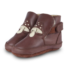 Donsje Toadstool Mush Lining Boots - dark red leather boots with mushroom detail, velcro strap, and faux fur lining on neutral background