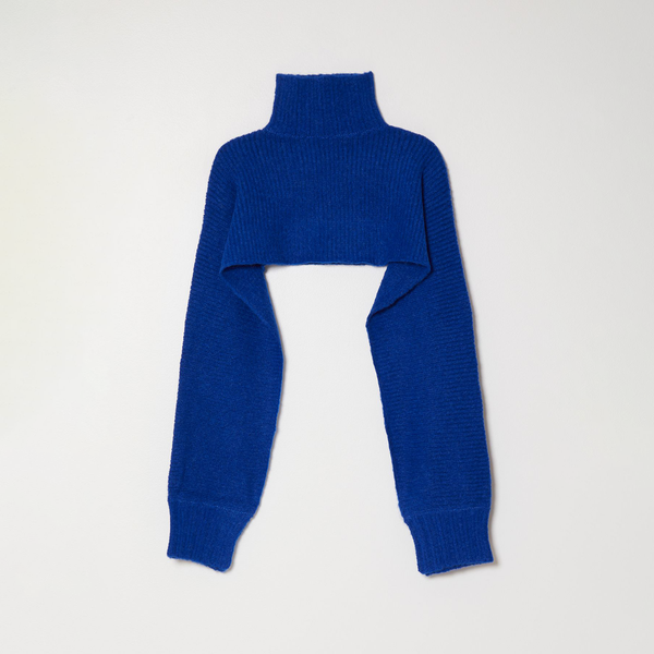 Atelier Delphine Turtle Neck Scarf - vibrant blue scarf with turtle neck on a neutral background