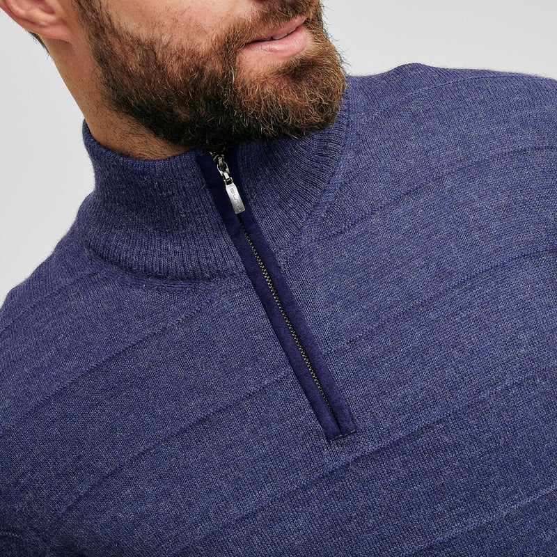 Kuna Watson Sweater - close up of wide spaced horizontal ribbing and zippered collar on a neutral background