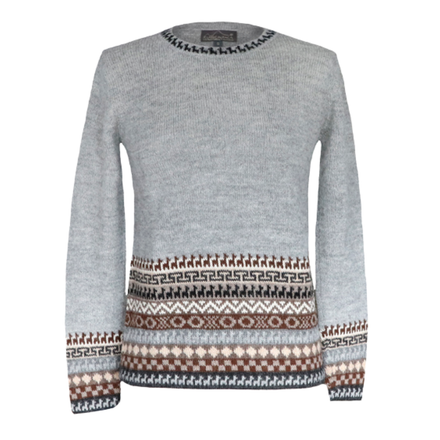 Gray sweater with patterned cuffs and neckline on a white background