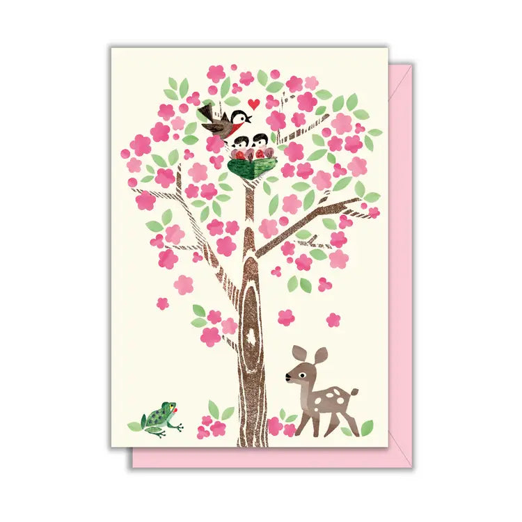 Woodland Mini Enclosure Card - birds, frog, and deer around a floral tree