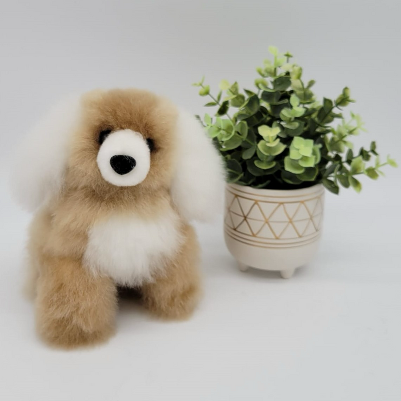 Alpaca fur dog plush next to a potted plant on a neutral background